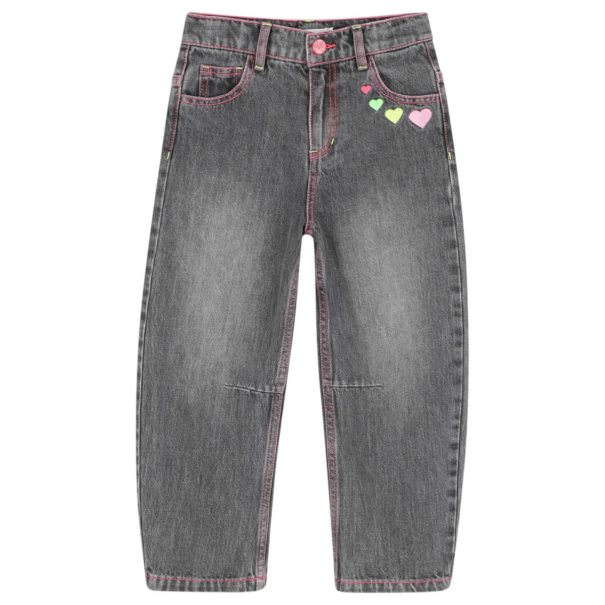 NEON EMBROIDERED HEART DENIM BARREL PANTS (PREORDER)