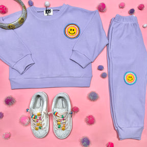 NEON SMILEY FACE SWEATSHIRT AND SWEATPANTS WAFFLE SET
