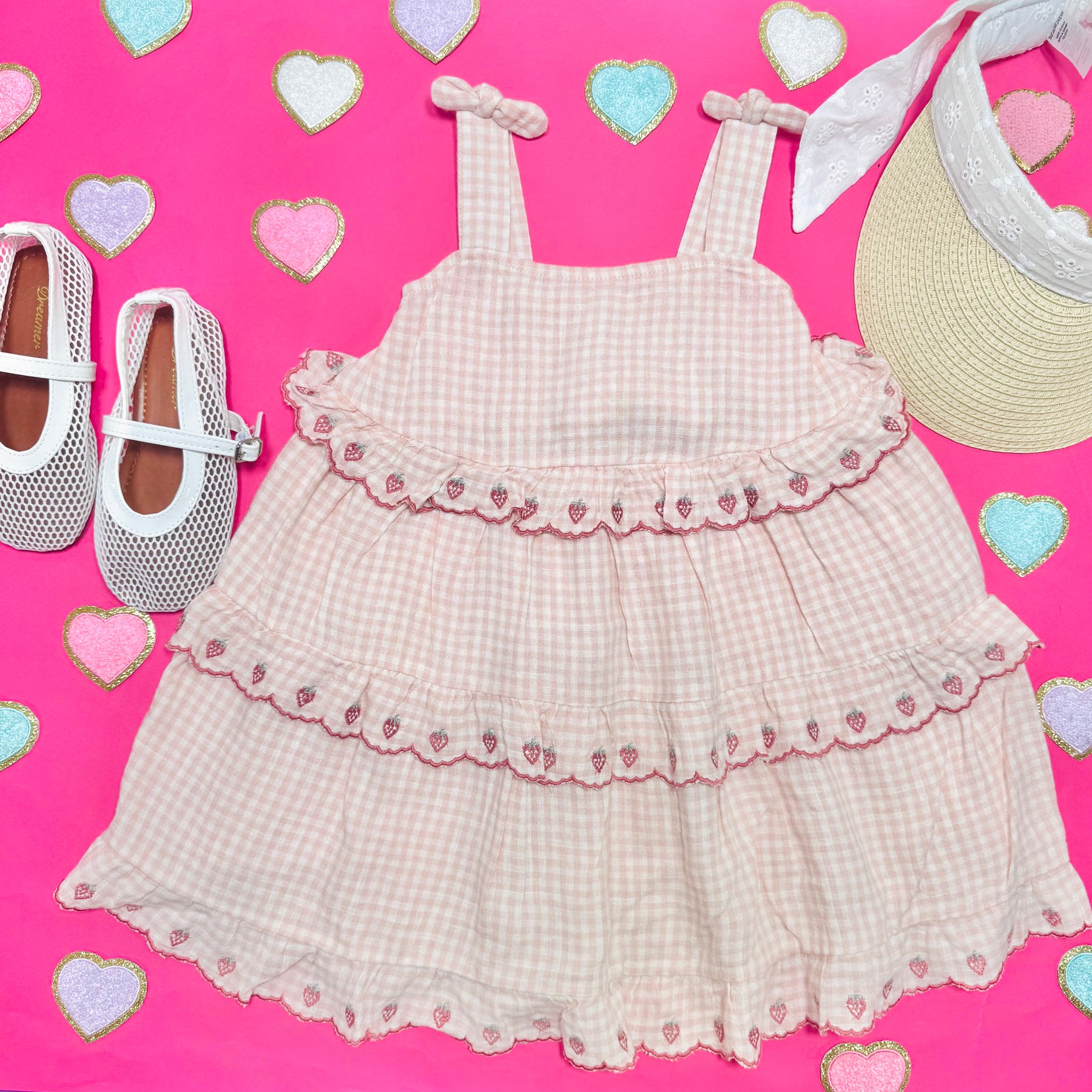 STRAWBERRY GINGHAM RUFFLED SWING DRESS