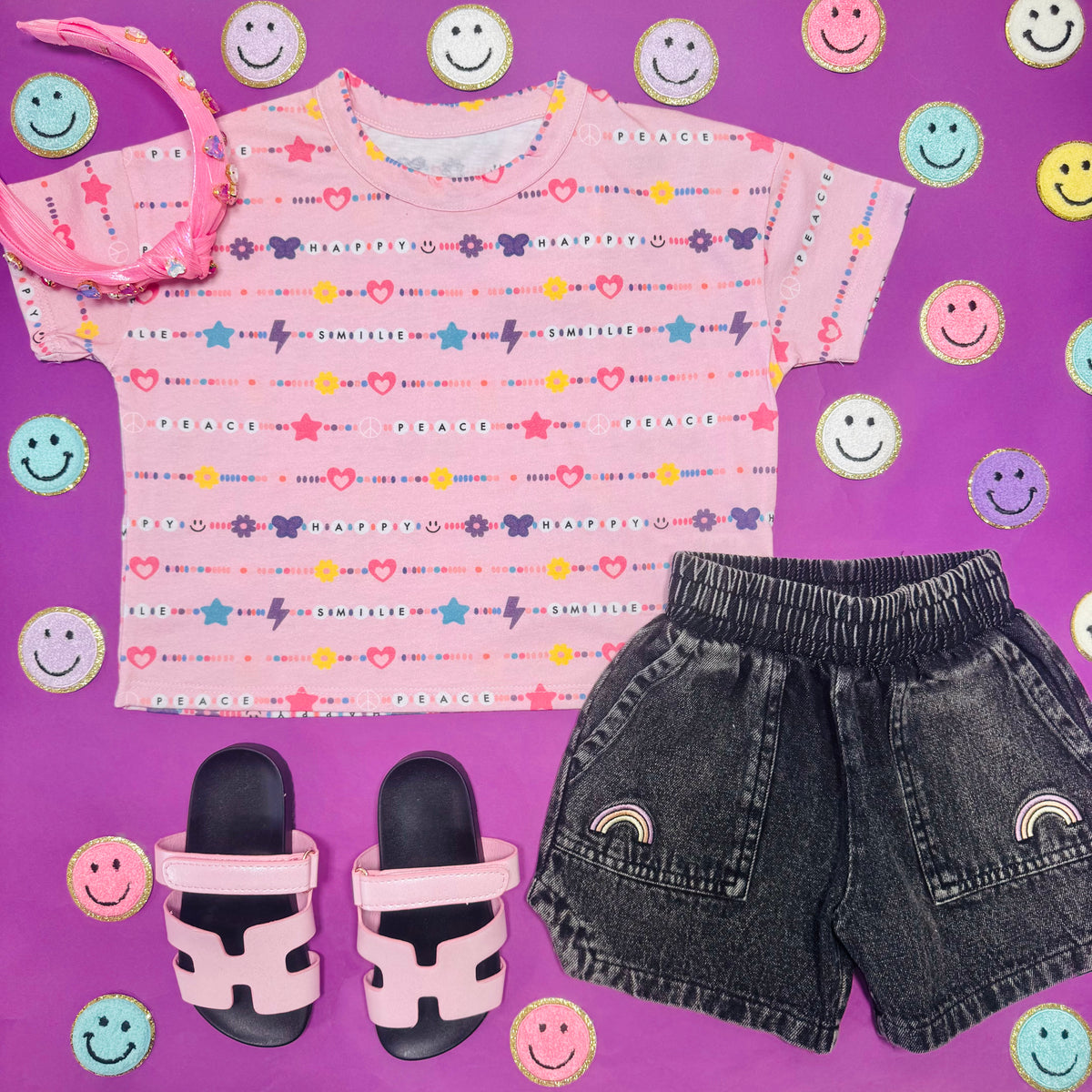 PEACE HAPPY SMILEY BEADED PRINT TSHIRT