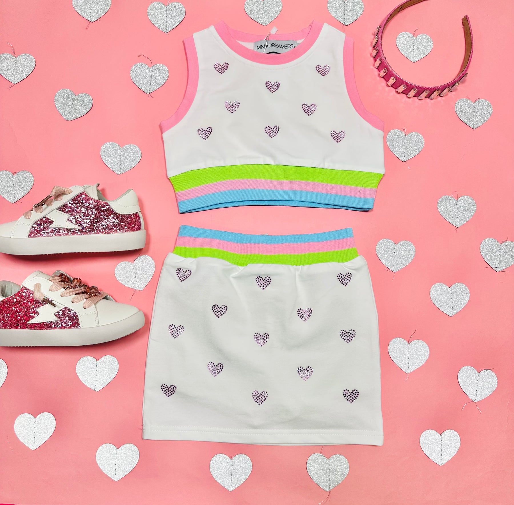 KRISTINA CRYSTAL HEART TENNIS CROP TOP AND SKIRT SET