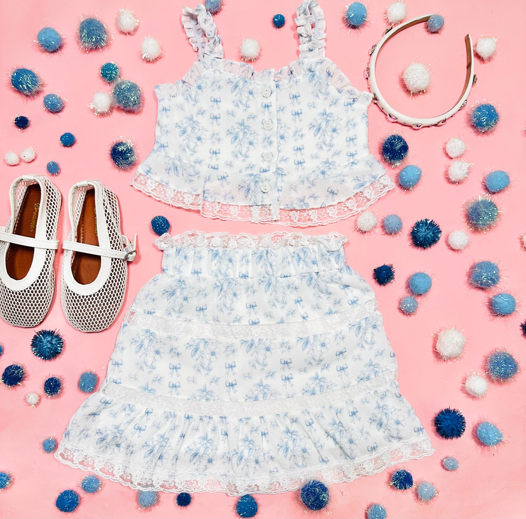 TIFFANY FLORAL BOW TOP AND SKIRT SET