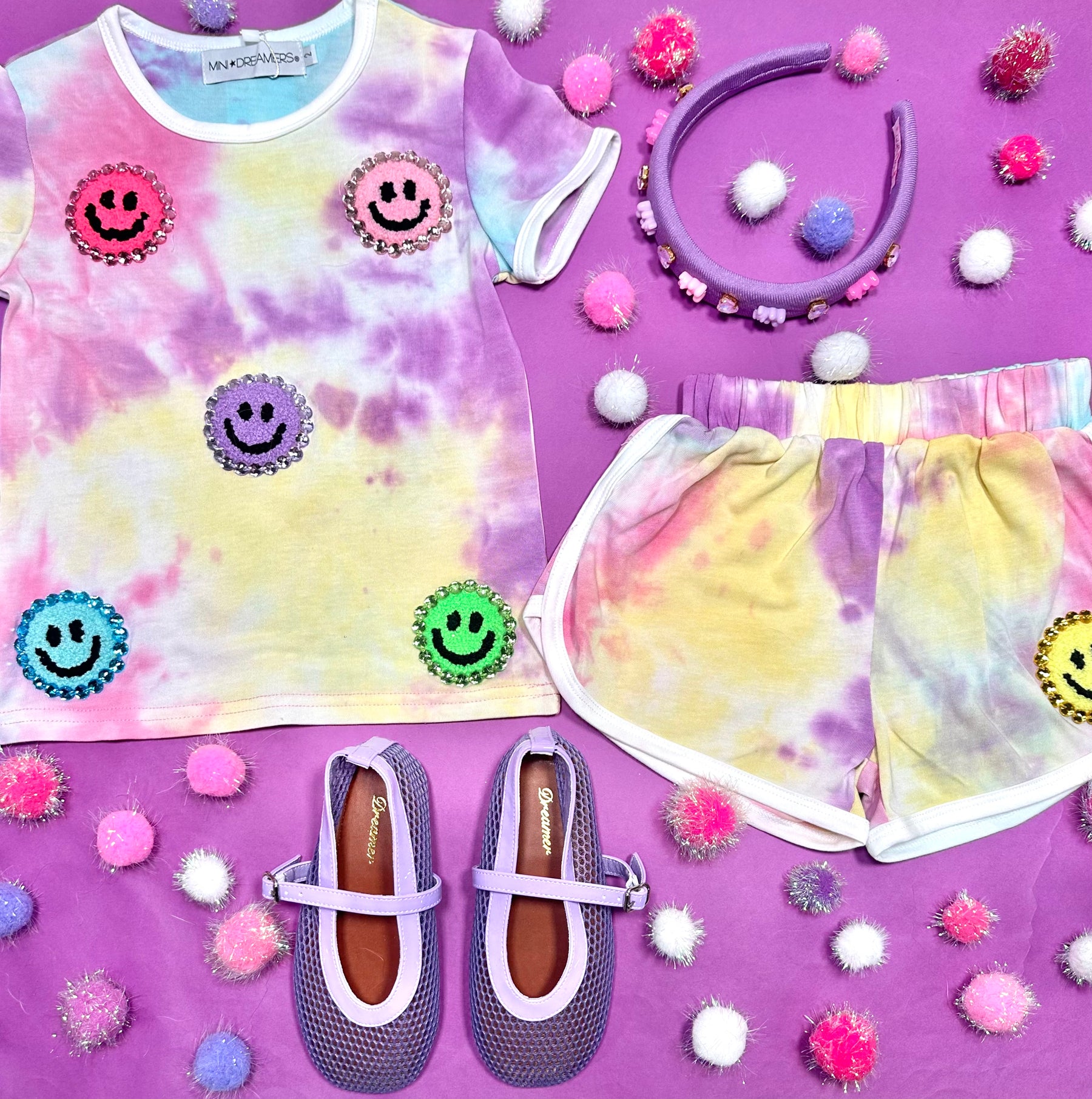 HAPPY SMILEY FACE TIE DYE SHORT SLEEVE AND SHORTS SET