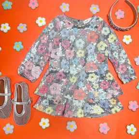 FLOWER SEQUIN LONG SLEEVE DRESS