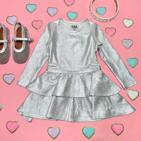 METALLIC TIERED LONG SLEEVE DRESS - DRESSES
