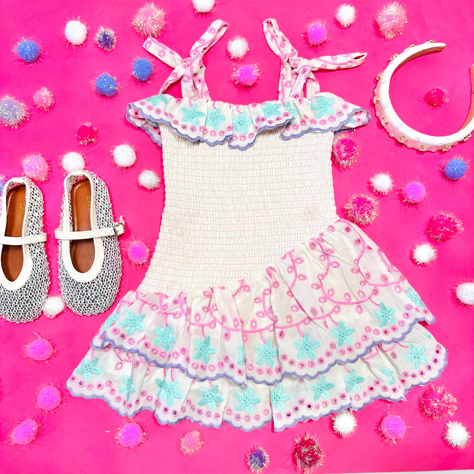 ALANNA SMOCKED EMBROIDERED MINI DRESS