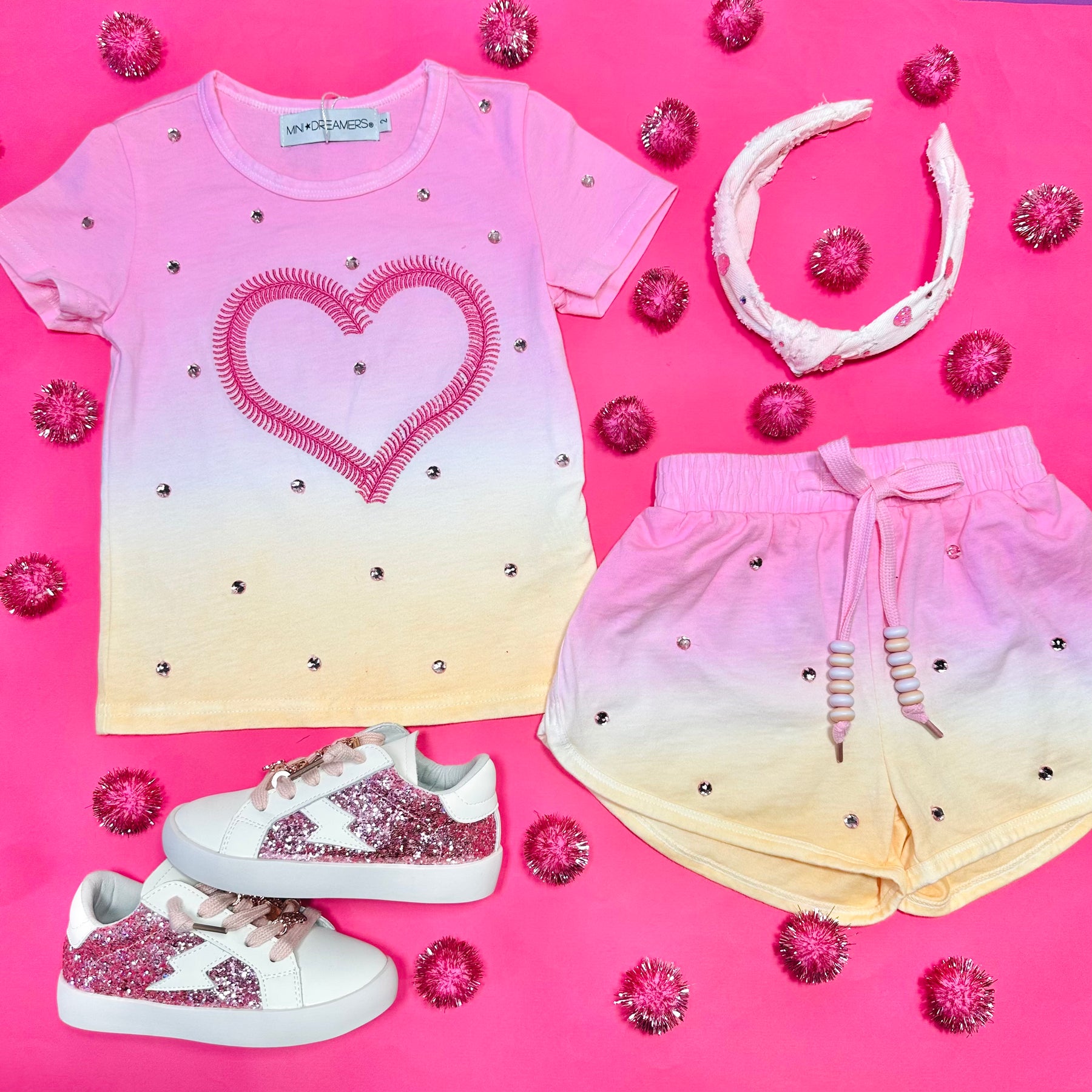 CORA CRYSTAL HEART DIP DYE SHORT SLEEVE AND SHORTS SET - MINI DREAMERS - SET