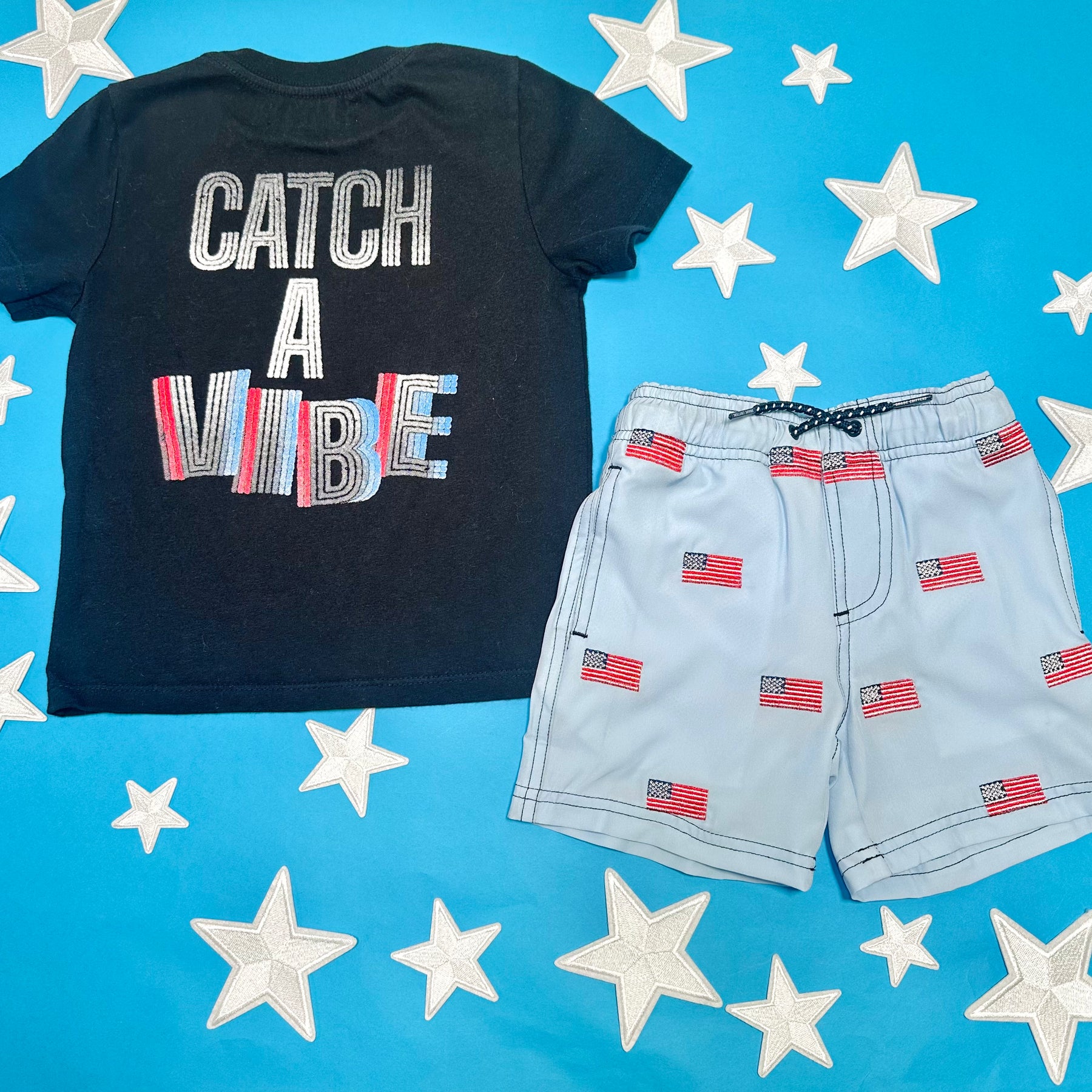 EMBROIDERED AMERICAN FLAG SWIM TRUNKS