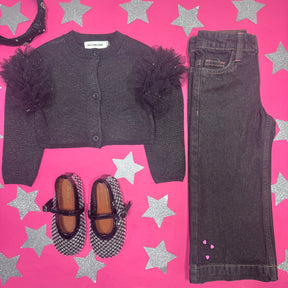 RUFFLE SHOULDER KNIT CARDIGAN