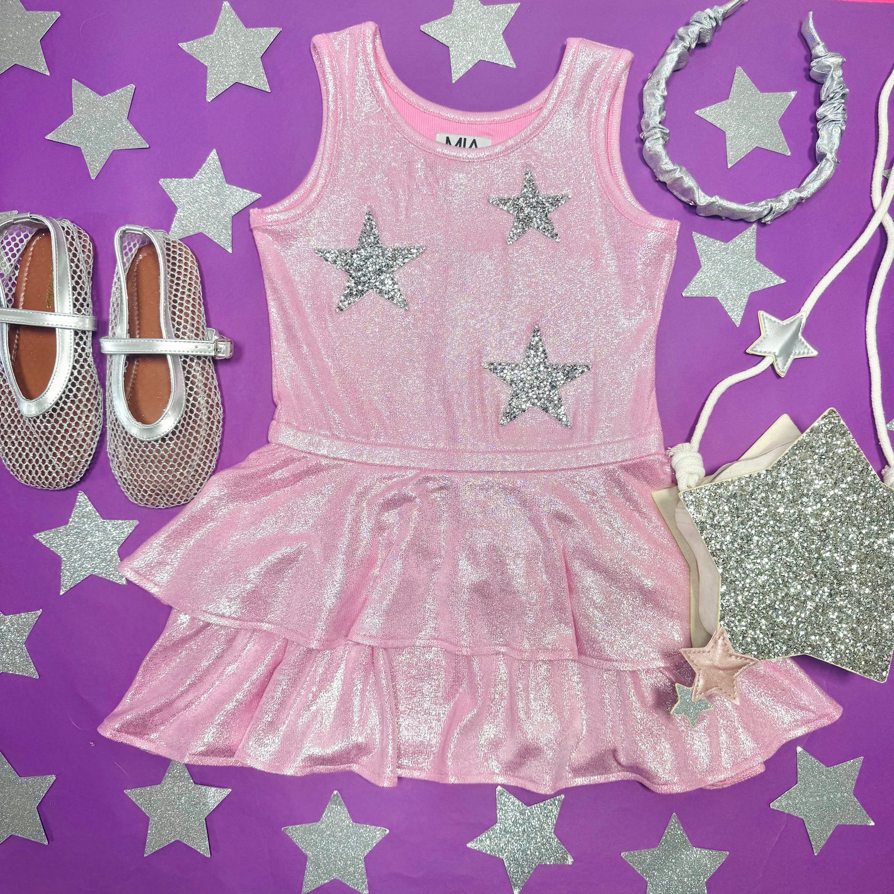 CRYSTAL STARS METALLIC TIERED DRESS