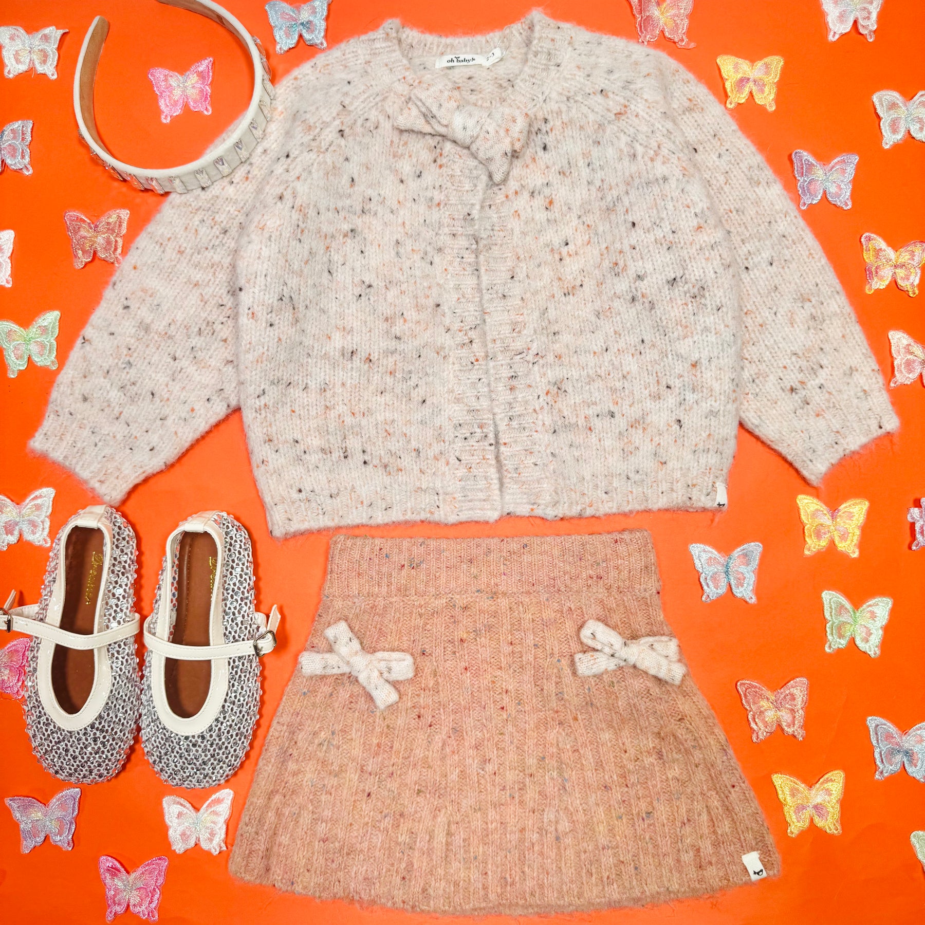 BOW SPECKLED KNITTED CARDIGAN AND SKIRT SET