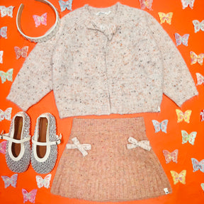BOW SPECKLED KNITTED CARDIGAN AND SKIRT SET