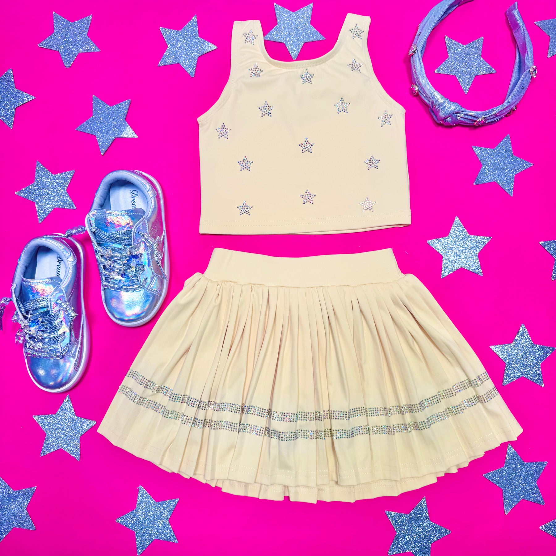 NAOMI CRYSTAL STARS TOP AND PLEATED SKIRT W/ SHORTS TENNIS SET - SET