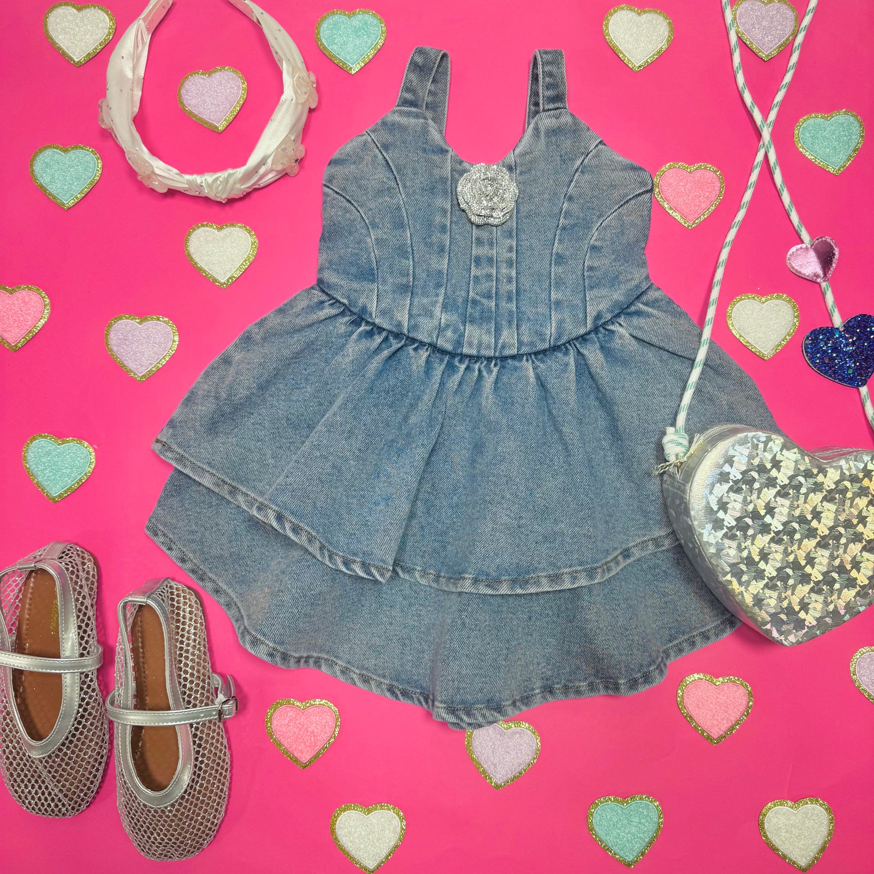 SAVANNAH DENIM DRESS W/ CRYSTAL FLOWER - DRESSES
