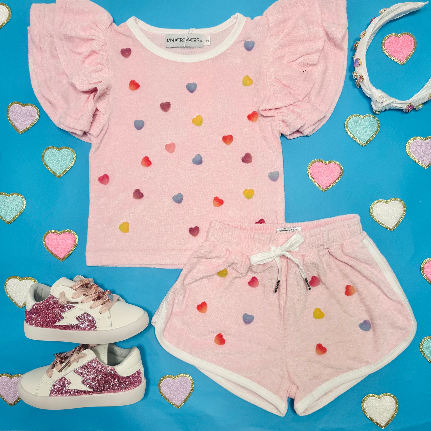 JULIETTE CANDY HEART RUFFLE SLEEVE TOP AND SHORTS SET - MINI DREAMERS - SET