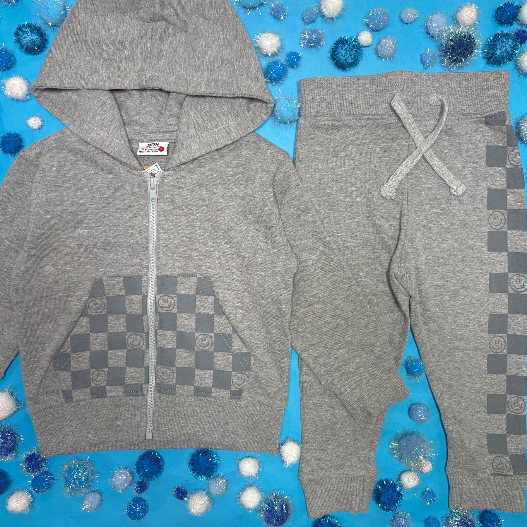 SMILEY CHECKERED ZIP UP HOODIE