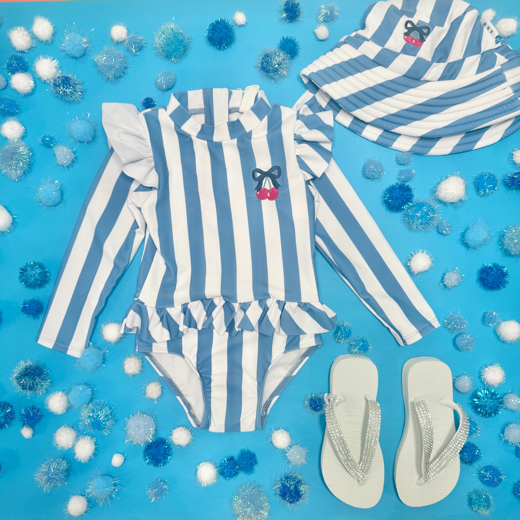 VINTAGE STRIPE CHERRY PEPLUM RASH GUARD ONE PIECE SWIMSUIT