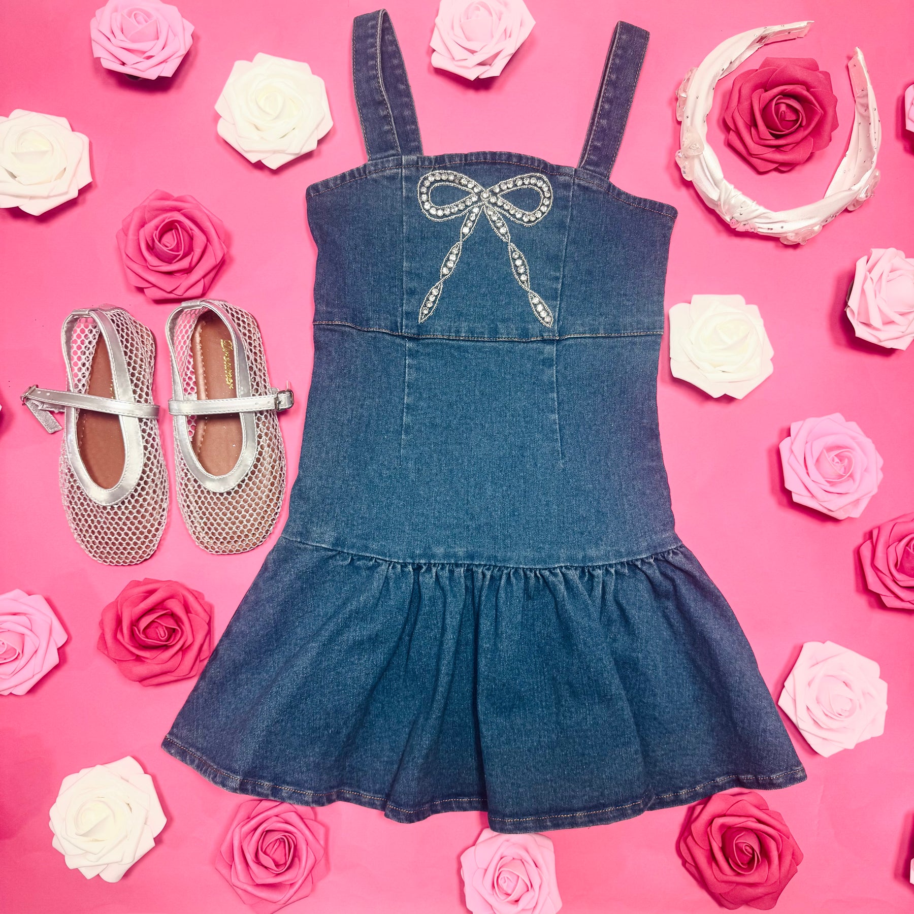 ELLIE CRYSTAL BOW DENIM DRESS