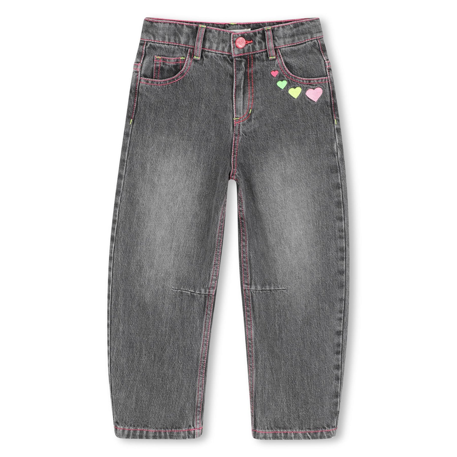 NEON EMBROIDERED HEART DENIM BARREL PANTS (PREORDER)