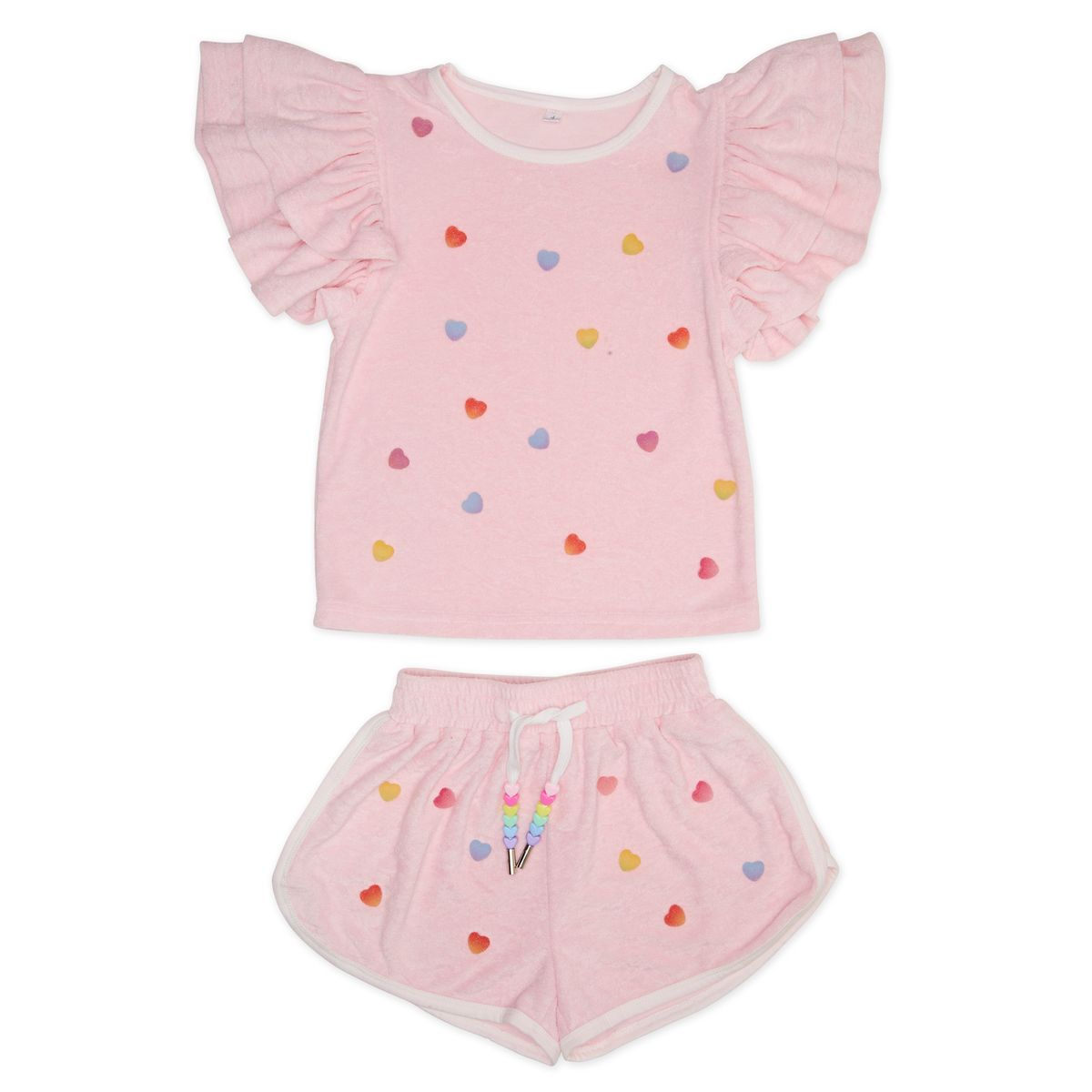 CANDY HEART RUFFLE SLEEVE TOP AND SHORTS SET - SET