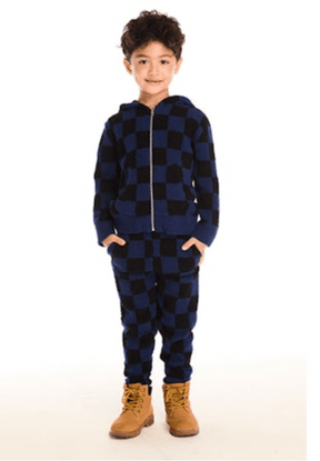 CHECKERED FUZZY FLEECE LOUNGE ZIP UP HOODIE (PREORDER) - CHASER KIDS