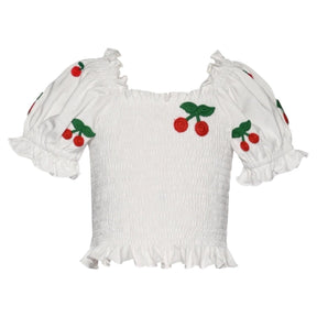 CHERRY EMBROIDERED PUFF SLEEVE SMOCKED TOP - SHORT SLEEVE TOPS