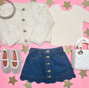 DENIM SCALLOP MINI SKIRT - RYLEE + CRU - SKIRTS