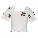 CHERRY EMBROIDERED PUFF SLEEVE SMOCKED TOP