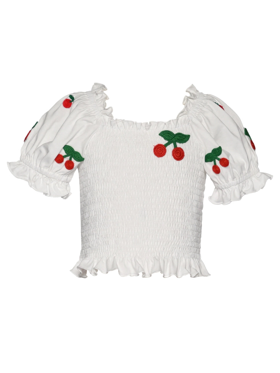 CHERRY EMBROIDERED PUFF SLEEVE SMOCKED TOP