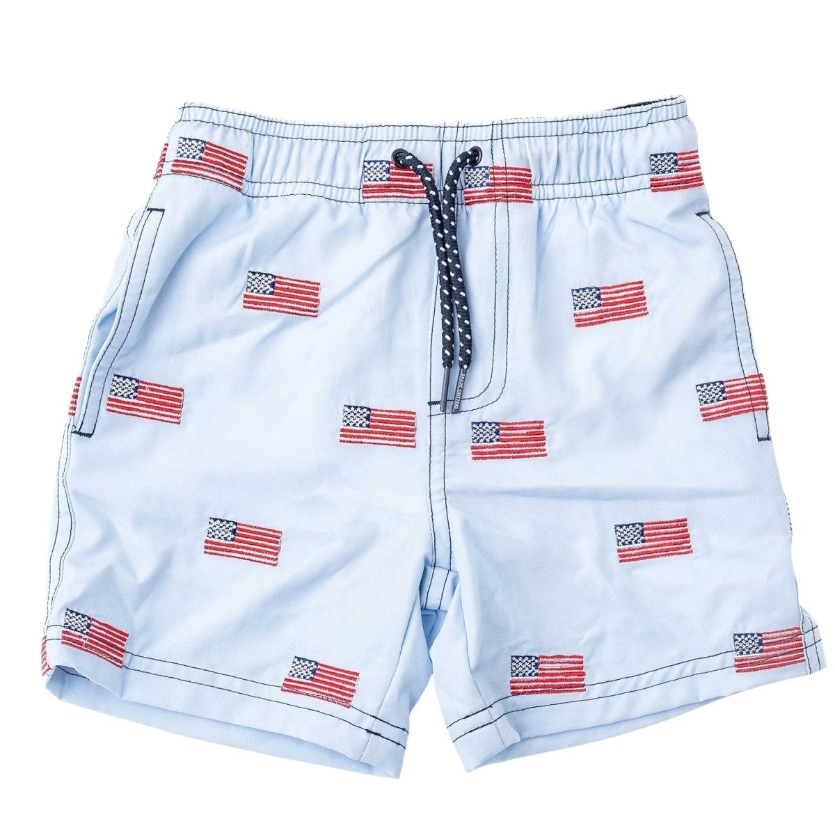 EMBROIDERED AMERICAN FLAG SWIM TRUNKS (PREORDER) - SWIM TRUNKS