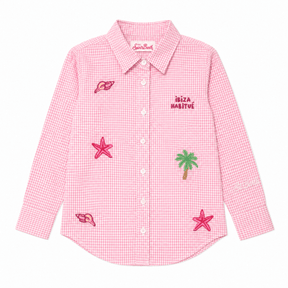 EMBROIDERED BEACH ICONS MINI BRIGETTE GINGHAM BUTTON DOWN BEACH TOP - MC2 SAINT BARTH KIDS - BUTTON DOWNS