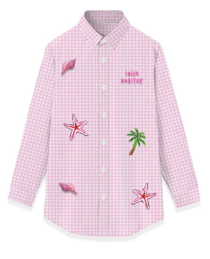 EMBROIDERED BEACH ICONS MINI BRIGETTE GINGHAM BUTTON DOWN BEACH TOP (PREORDER) - MC2 SAINT BARTH KIDS