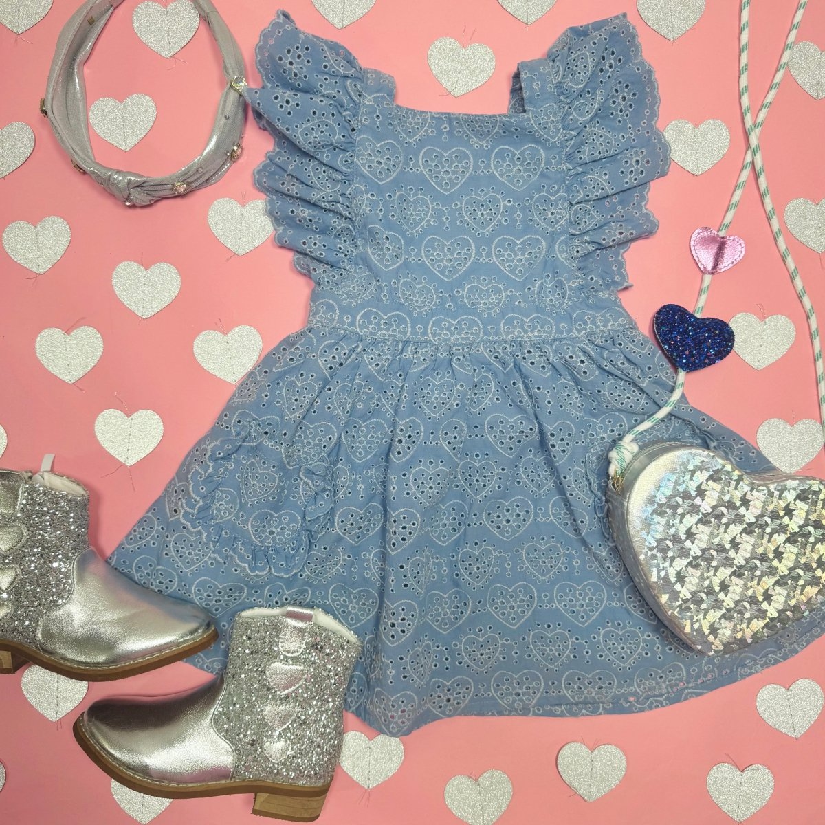 EMBROIDERED HEARTS FRILL DRESS - HUXBABY