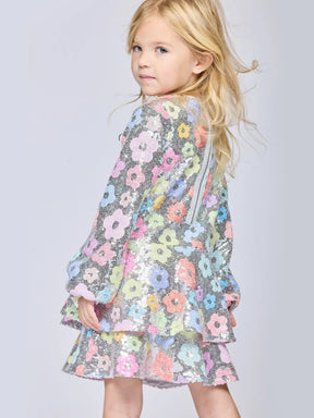 FLOWER SEQUIN LONG SLEEVE DRESS - DRESSES