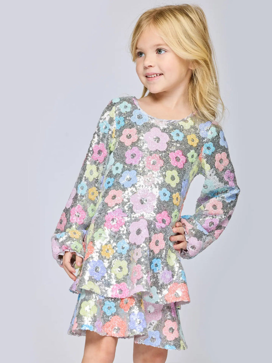 FLOWER SEQUIN LONG SLEEVE DRESS (PREORDER) - SARA SARA