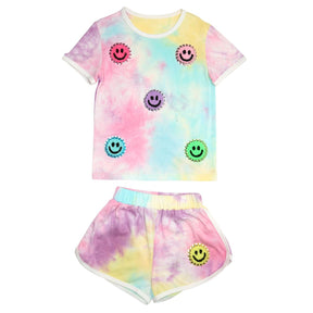 HAPPY SMILEY FACE TIE DYE SHORT SLEEVE AND SHORTS SET - MINI DREAMERS