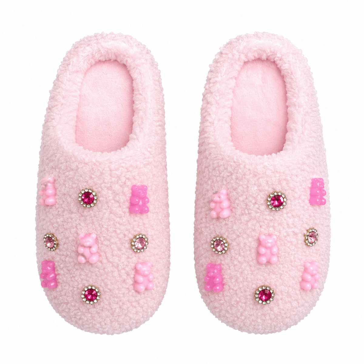 JEWELS & GUMMY BEAR CHARM FUZZY SLIPPERS - BARI LYNN