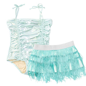 METALLIC MINT ONE PIECE SWIMSUIT W/ FRINGE SKIRT (PREORDER) - ONE PIECE SWIMSUIT