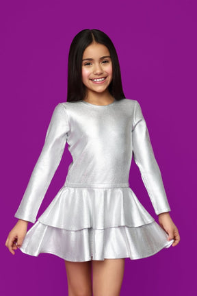 METALLIC TIERED LONG SLEEVE DRESS - DRESSES
