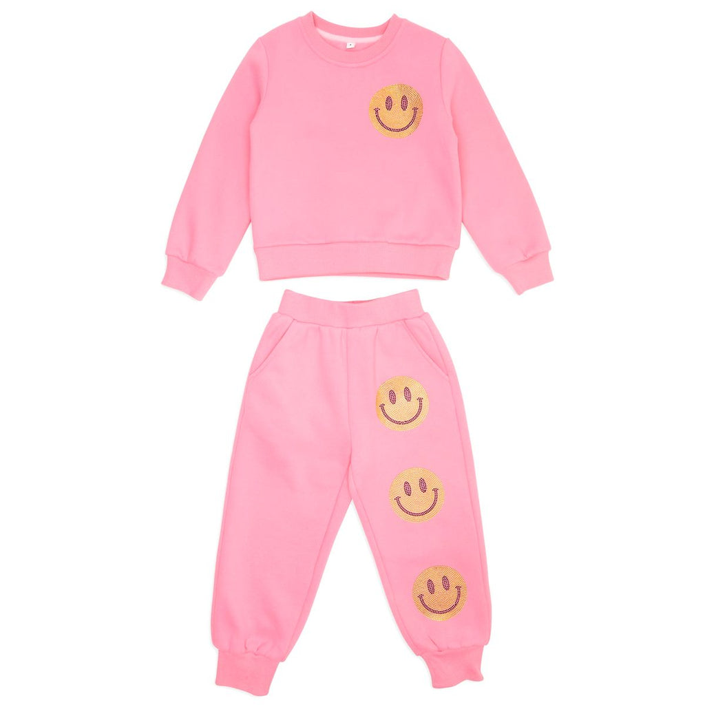 NAOMI CRYSTAL SMILEY FACE SWEATSHIRT AND SWEATPANTS SET by MINI