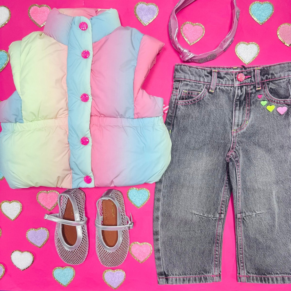 NEON EMBROIDERED HEART DENIM BARREL PANTS - BILLIEBLUSH - PANTS