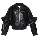 RUFFLE SLEEVE FAUX PLEATHER JACKET - JACKETS