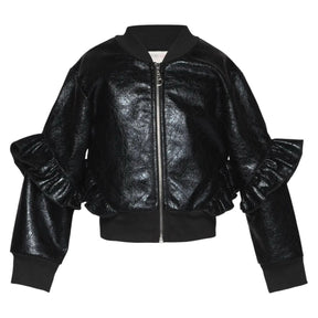 RUFFLE SLEEVE FAUX PLEATHER JACKET - JACKETS