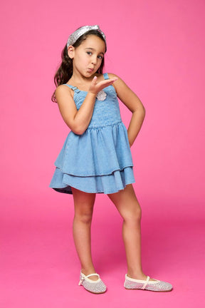 SAVANNAH DENIM DRESS W/ CRYSTAL FLOWER - DRESSES