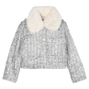 SEQUIN TWEED JACKET W/ FAUX FUR COLLAR - JACKETS