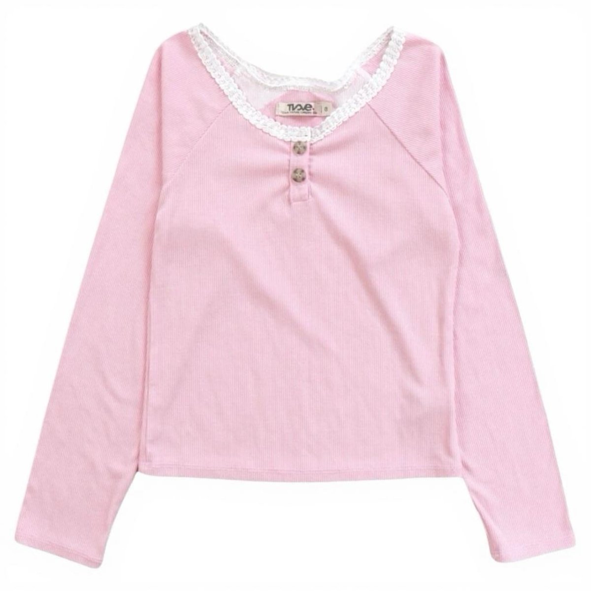 SOLID LONG SLEEVE HENLEY TSHIRT W/ LACE TRIM - LONG SLEEVE TOPS