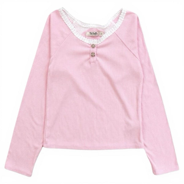 SOLID LONG SLEEVE HENLEY TSHIRT W/ LACE TRIM by T2LOVE | Kids