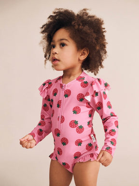 STRAWBERRY FIELDS FRILL RASH GUARD ONE PIECE SWIMSUIT - HUXBABY