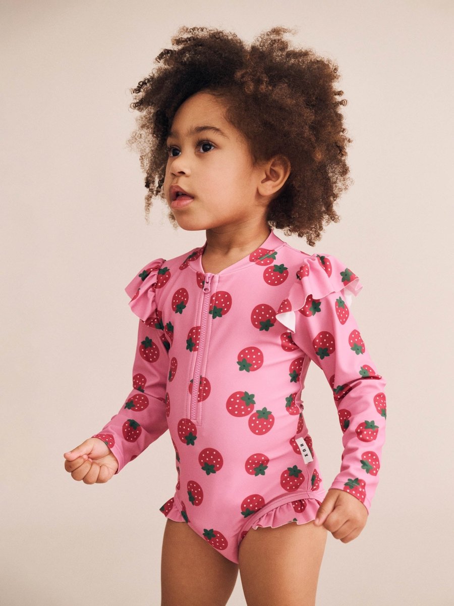 STRAWBERRY FIELDS FRILL RASH GUARD ONE PIECE SWIMSUIT - HUXBABY