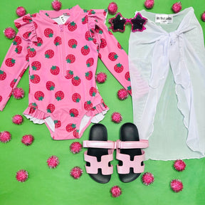 STRAWBERRY FIELDS FRILL RASH GUARD ONE PIECE SWIMSUIT - HUXBABY